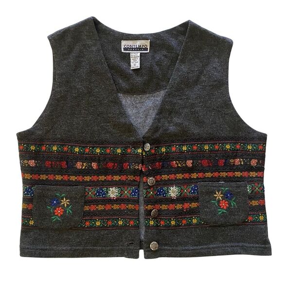 Vintage 90s Contempo Casuals Floral Ribbon Trim Wool Blend Vest Gray Size S - Picture 1 of 7